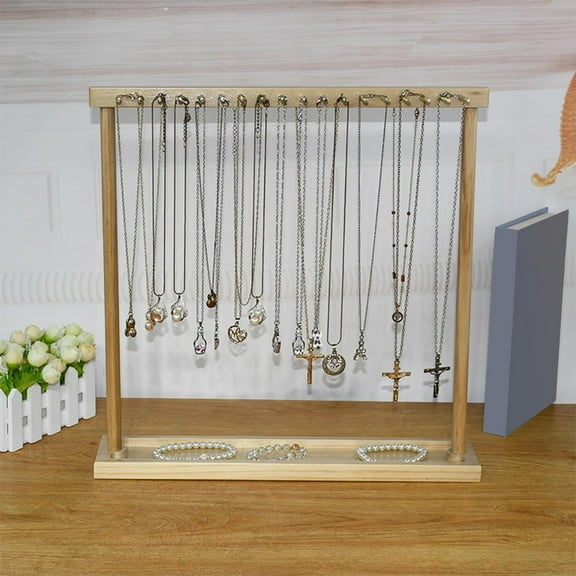Modern Jewelry Organizer Display Stand, Wood Countertop Necklace Holder Display with Hooks for Pendants Necklace Rings Chains Storage Rack 12 Hangers