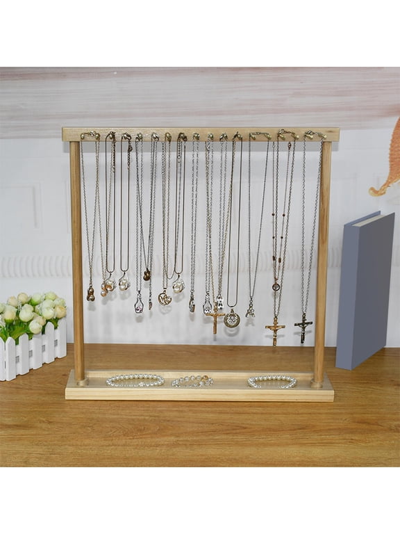 Modern Jewelry Organizer Display Stand, Wood Countertop Necklace Holder Display with Hooks for Pendants Necklace s Chains Storage Rack 24 Hangers