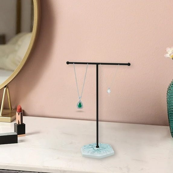 Modern Jewelry Stand, T-Shape Metal Display Rack with Stone Base for Necklaces, Bracelets, Earrings, Bedroom and Dressing Table Organizer