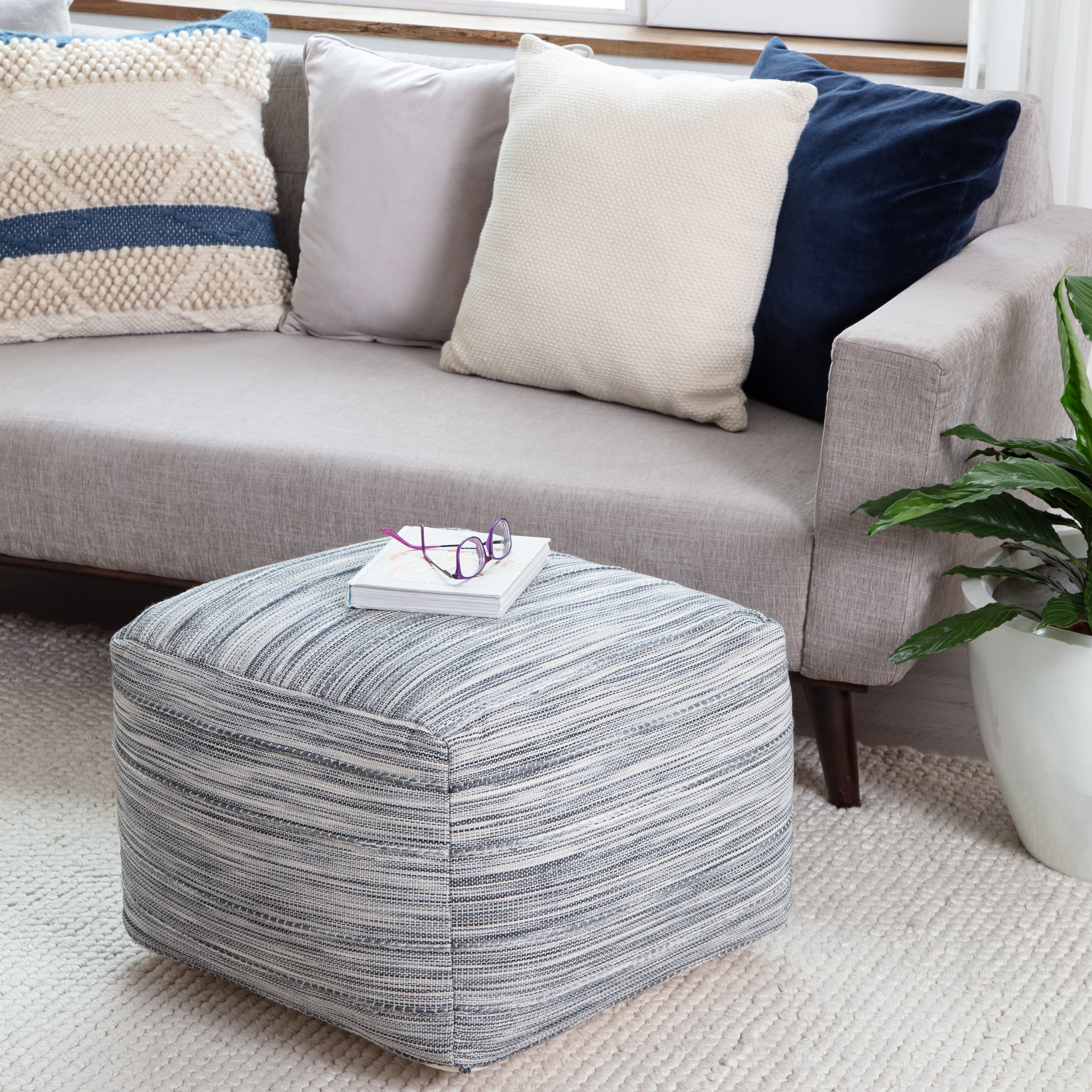 Gray and Blue Cotton Polyester Square Pouf Ottoman
