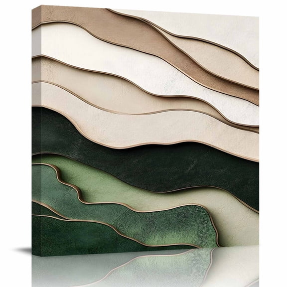 Modern Khaki Green Wave Texture Canvas Artwork Painting Art, Abstract Watercolor Geometric Square Framed Wall Decorations Prints Picture for Bedroom Kitchen Living Room, 8x8 in