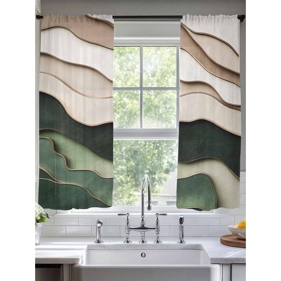 Modern Khaki Green Wave Texture Sheer Curtains 2 Panels Set Abstract Watercolor Geometric Lihgt Filtering Rod Pocket Voile Drape,Semi Sheer Window Curtains for Bedroom Living Room,52"x72"