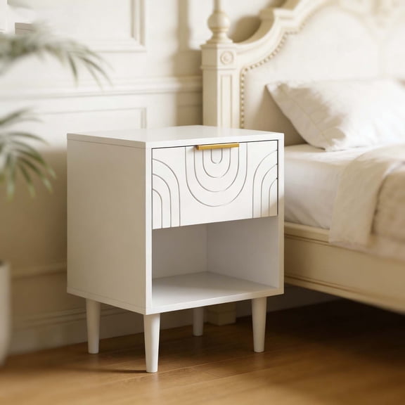 White Kids Bedroom Nightstand with Gold Handle Drawer, Solid Wood Leg, Compact Space-Saving End Table for Small Living Areas