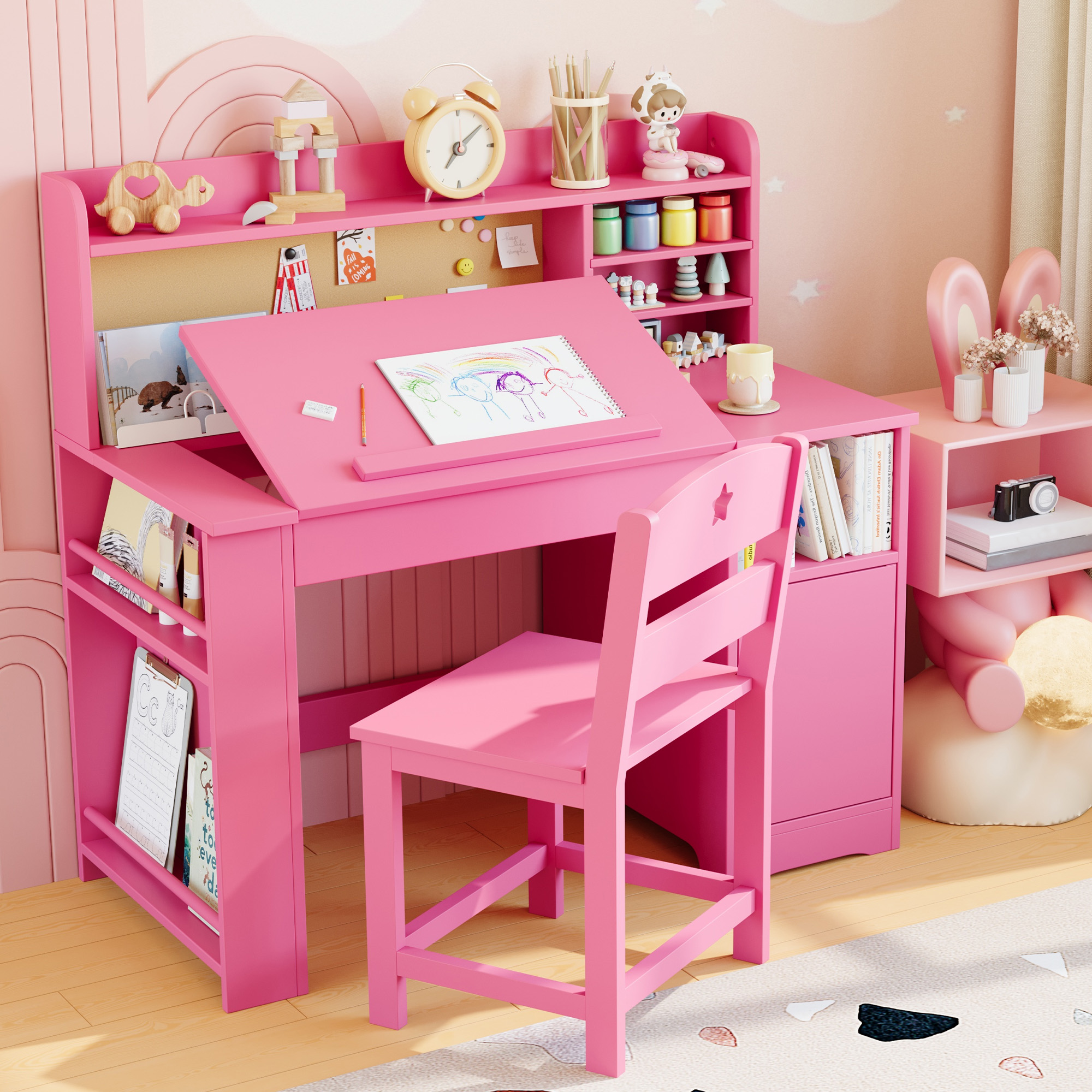 Modern Kids Desk and Chair Set, Multi-Functional Wooden Kids Table and ...