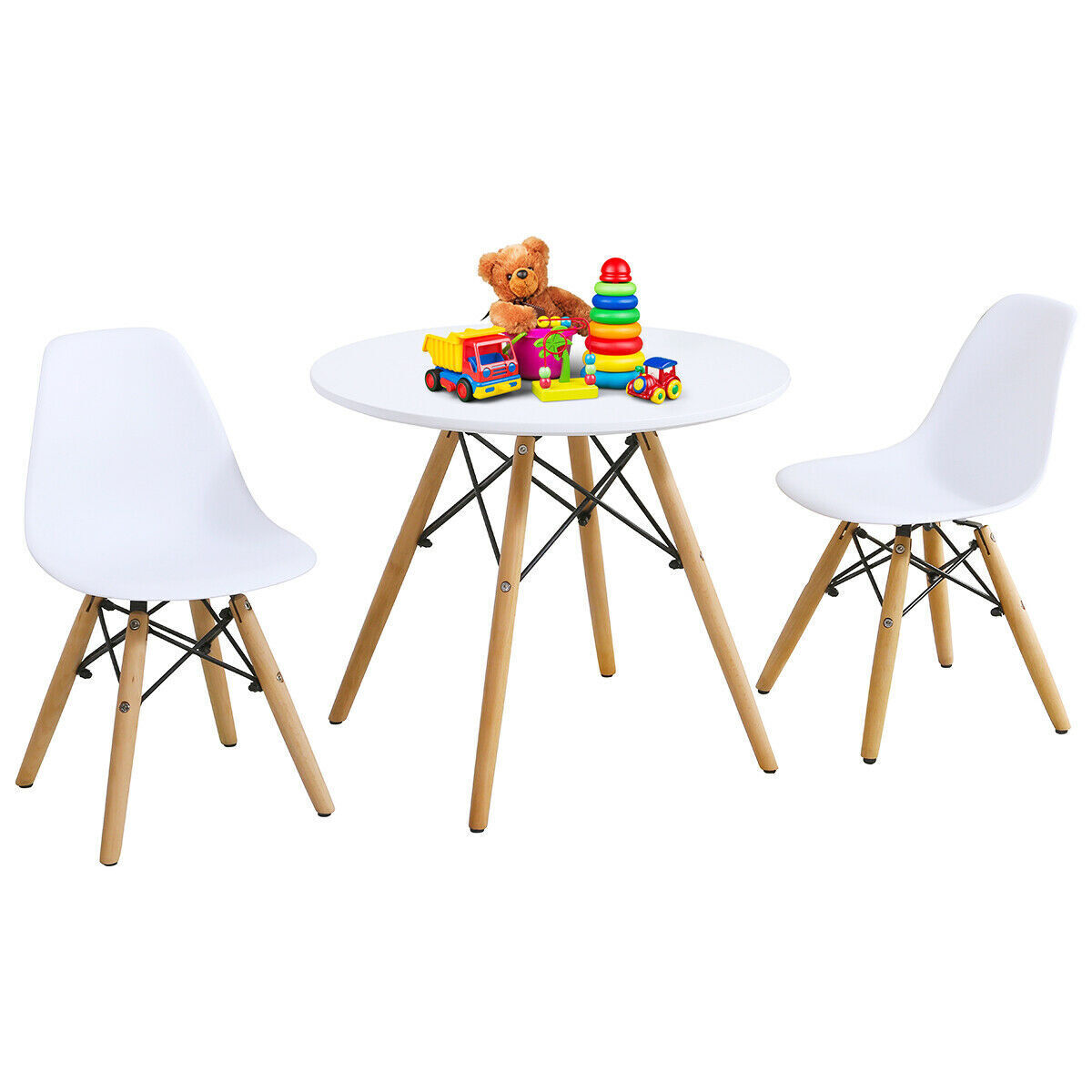 Modern Kids Dining Table Set Round White Table with 2 Armless Chairs