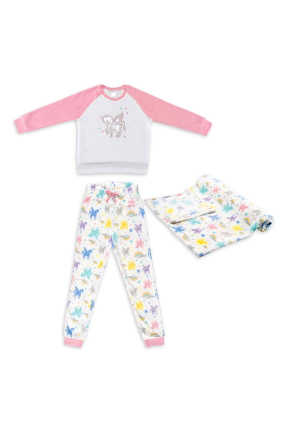Girls' Long Sleeve Pajama and Blanket Set, 3-Piece, Sizes 4-14