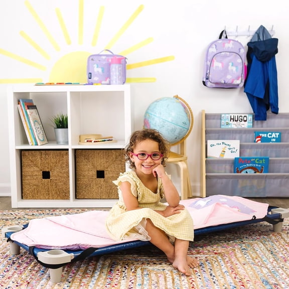 Modern Kids Nap Mat – Soft Cotton Blend with Pillow & Elastic Straps for School & Travel - Unicorn