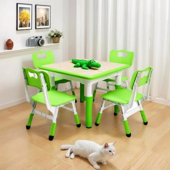 Modern Kids Table and 4 Chair Set,23.26" Height Adjustable Toddler Tables and 4 Chairs with Non-Slip Desk Legs&Organizer Graffiti Desktop,Preschool Activity Kids Table for Ages 2-10 (Green