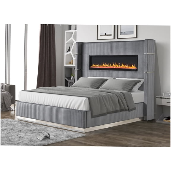 Modern King Bed Frame with Bluetooth Speakers, LED Fireplace, and USB Ports, Gray Velvet Upholstered Platform Bed