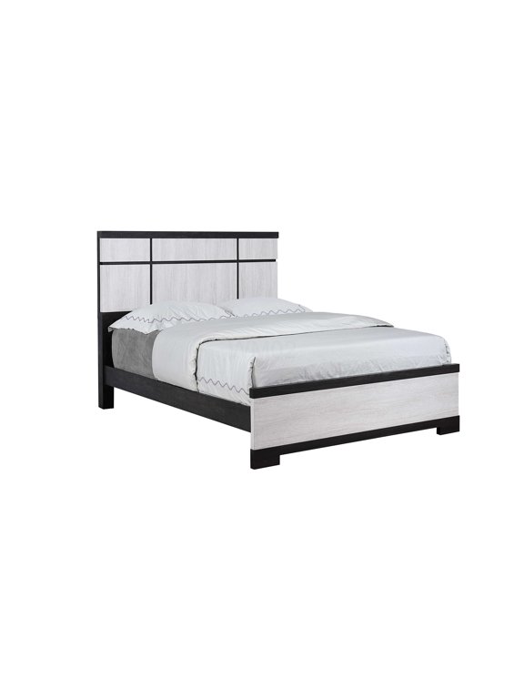 Modern King Bed Frame with Geometric Headboard, Wood Platform Bed, Cream Ebony Two-Tone Finish, No Box Spring Needed