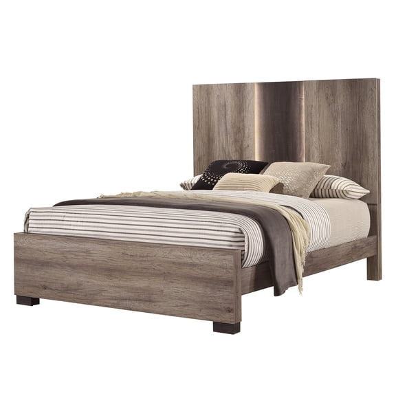 Modern King Bed Frame with LED Headboard, Wood Slat Platform Bed with Adjustable Light, Beige/Brown/Gray Finish, No Box Spring Needed