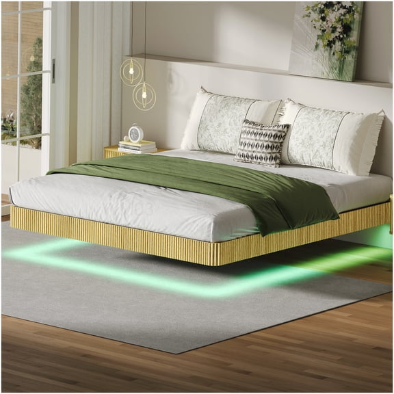 Modern King Bed Frame with LED Lights, Wave Texture Headboard, 1000lbs Capacity, No Box Spring