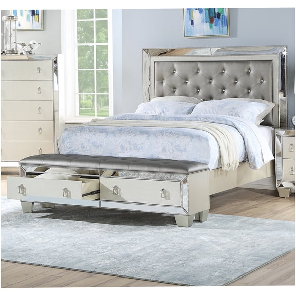 Modern King Bed Frame with Upholstered Headboard, Storage Drawers and Mirror Details for Luxurious Bedroom