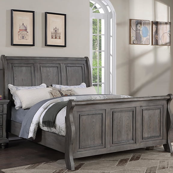Modern King Bed, Headboard, Antique Gray Finish, Bedroom Bed With