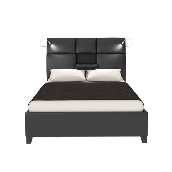 Modern King Bed With Touch Lighting, Sound, Beverage Tray In Black, Uncomplicated Care Music Modern, Maintenance Option Decision