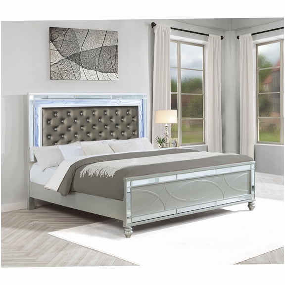 Modern King Bed with Blue LED Headboard, Silver Upholstered Platform Frame and Tufted Details