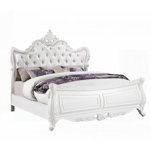 Modern King Bed with Wood and Pearl Finish, Ornately Carved for Elegance