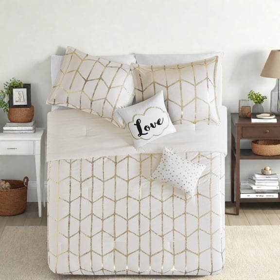 Modern King/Cal King Bedding Sets Soft Microfiber with Gold Metallic Geometric Design Contemporary Style for Home Dcor