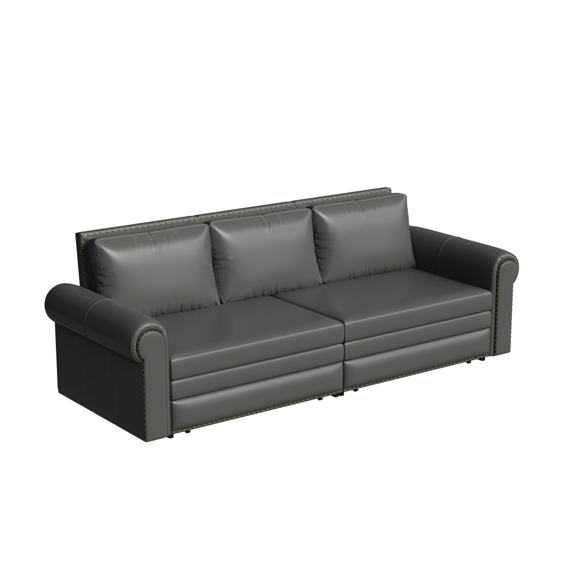 Modern King Convertible Sofa Bed, 3-in-1 Faux Leather Sleeper with Nailhead Trim & Rolled Arm Design