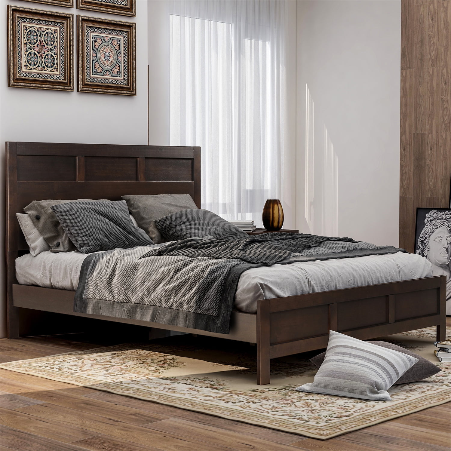 Modern King Platform Bed, Elegent Wooden Bed Frame with Headboard and ...