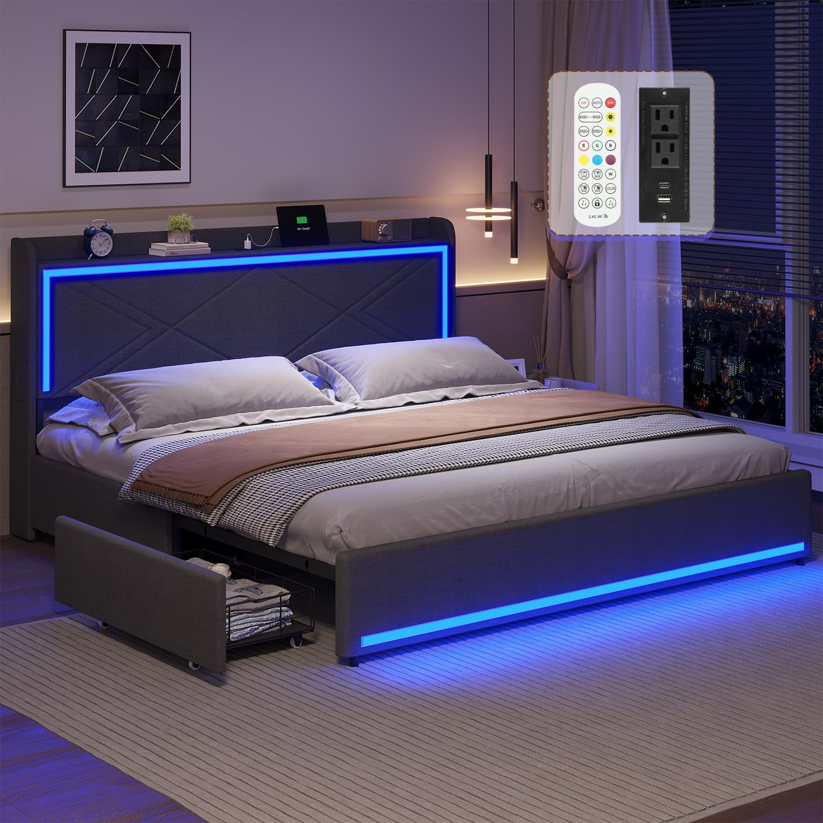 King Size Bed Frame with RGB LED, USB Charging, Storage Drawers, No Box ...