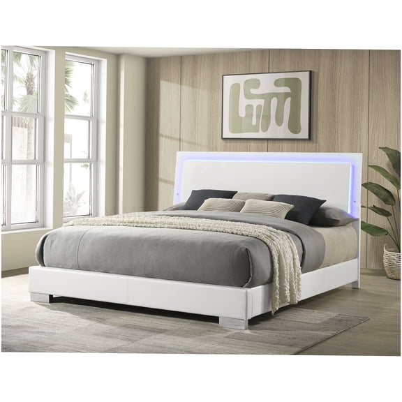 Modern King Size Bed Frame with Built-In LED Lights, High Gloss White Platform Bed with Headboard, Ventilated Slat Support System