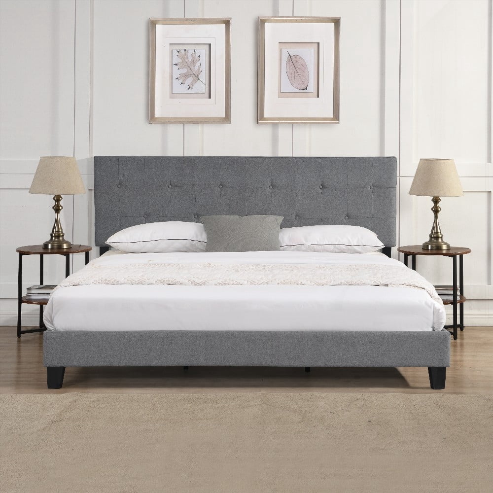 Modern King Size Bed Frame with Button Tufted Headboard, Easy Assembly, No Box Spring