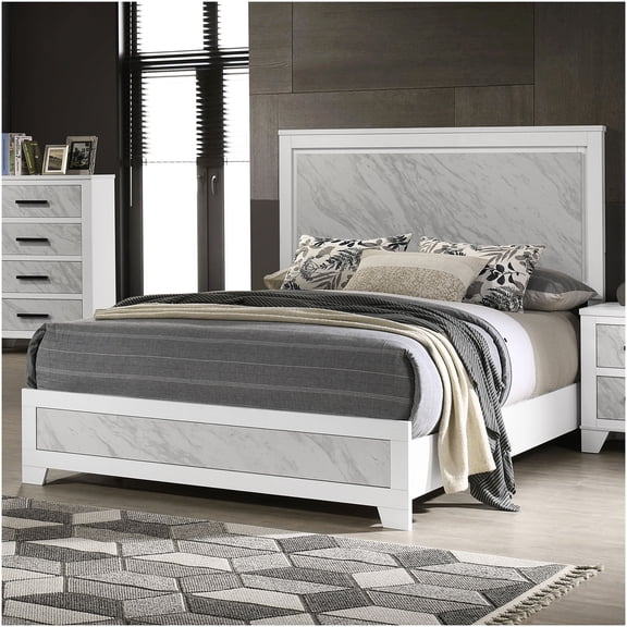 Modern King Size Bed Frame with Faux Marble Headboard, White Upholstered Platform Bed with Wooden Slat Support for Maximum Stability