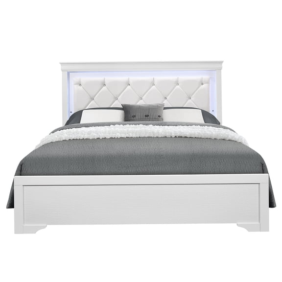 Modern King Size Bed Frame with LED Headboard & Upholstered Panel, White