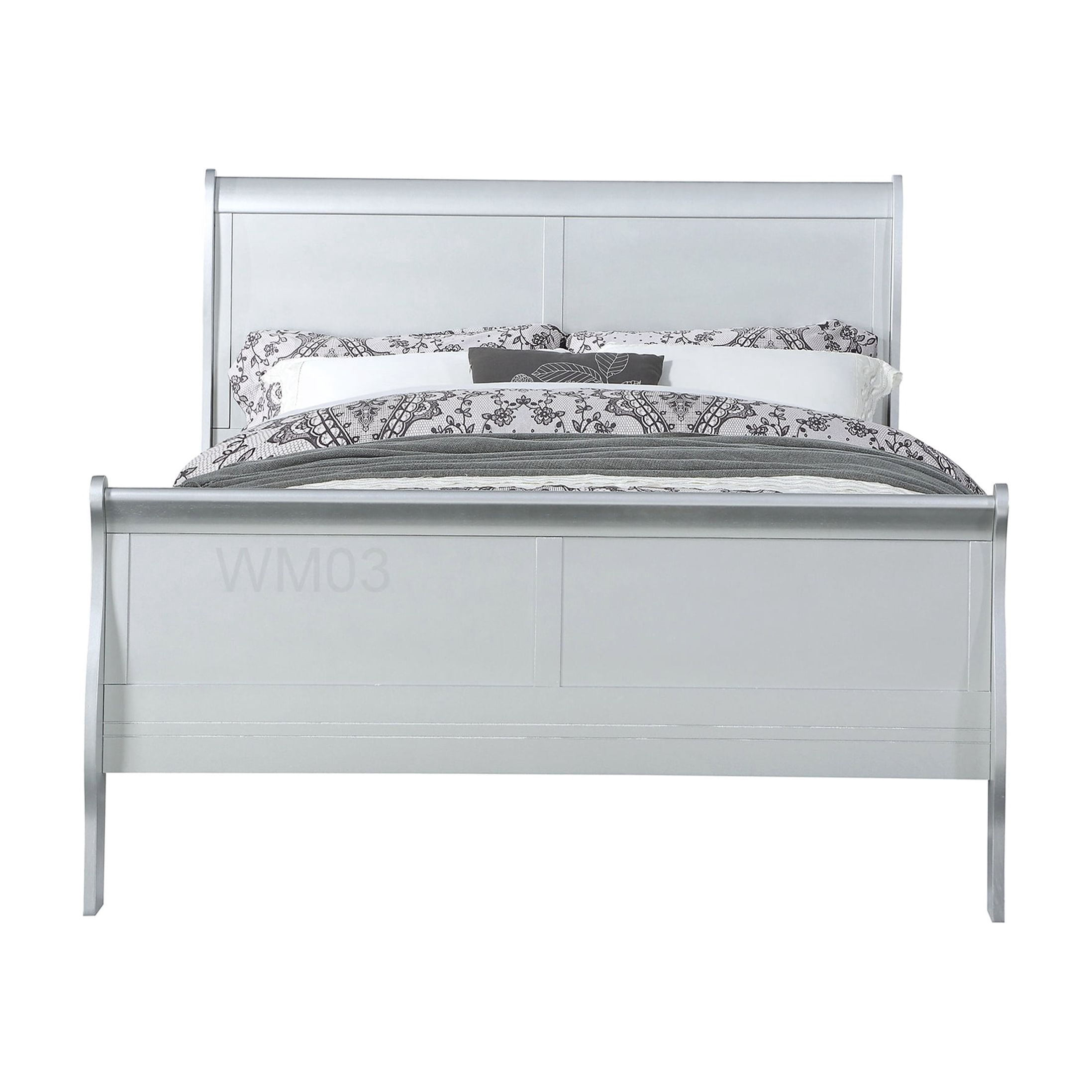 Modern King Size Bed Frame with Platinum Finish, Low Profile Sleigh Design and Built-in Slats, No Box Spring Needed Platform Base for Master Bedroom