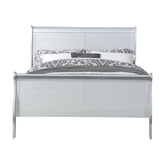 Modern King Size Bed Frame with Platinum Finish, Low Profile Sleigh Design and Built-in Slats, No Box Spring Needed Platform Base for Master Bedroom