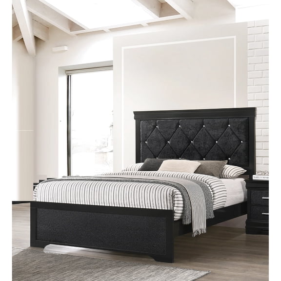Modern King Size Bed With Upholstered Headboard And Magnificent Button Tufting, Black Wood Finish Accent Striking Appearance