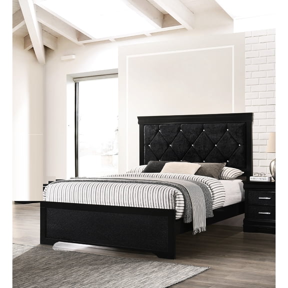 Modern King Size Bed With Upholstered Headboard And Striking Button Tufting, Black Wood Finish Look Brilliant Style