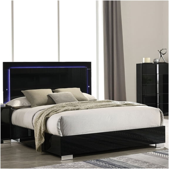 Modern King Size Bed with LED Headboard, Black Upholstered Platform Bed Frame with Chrome Legs and Storage Space