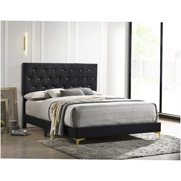 Modern King Size Bed with Velvet Upholstery, Diamond Tufting and Gold Legs, No Box Spring Needed