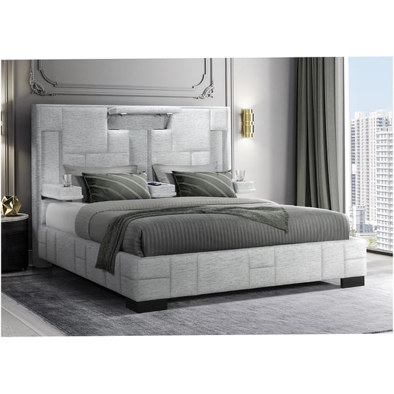 Modern King Size Bed with Wireless Charging, LED Headboard Lights, and Bluetooth Speakers, Gray Fabric Upholstery