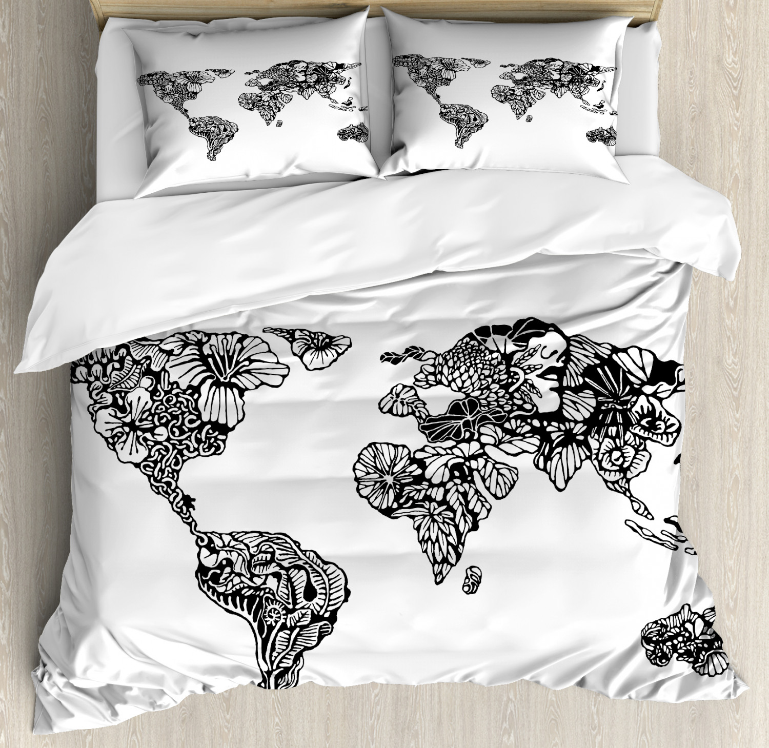 Modern King Size Duvet Cover Set, Artistic Sketch Style World Map with ...