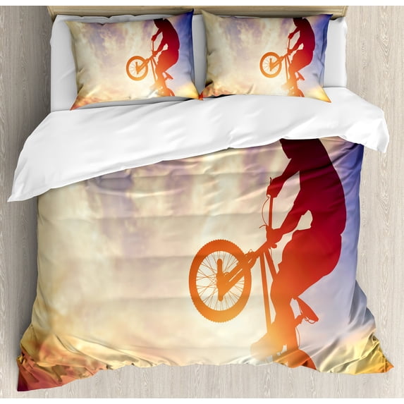 Modern King Size Duvet Cover Set, Dynamic Man on the Bike Performing Silhouette under Hazy Sun Lights Hobby Image, Decorative 3 Piece Bedding Set with 2 Pillow Shams, Multicolor, by Ambesonne