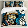 thumbnail image 1 of Modern King Size Duvet Cover Set, Futuristic Comics Super Heros Like Robot in a Spacesuit with OK Quote Artwork Print, Decorative 3 Piece Bedding Set with 2 Pillow Shams, Multicolor, by Ambesonne, 1 of 3