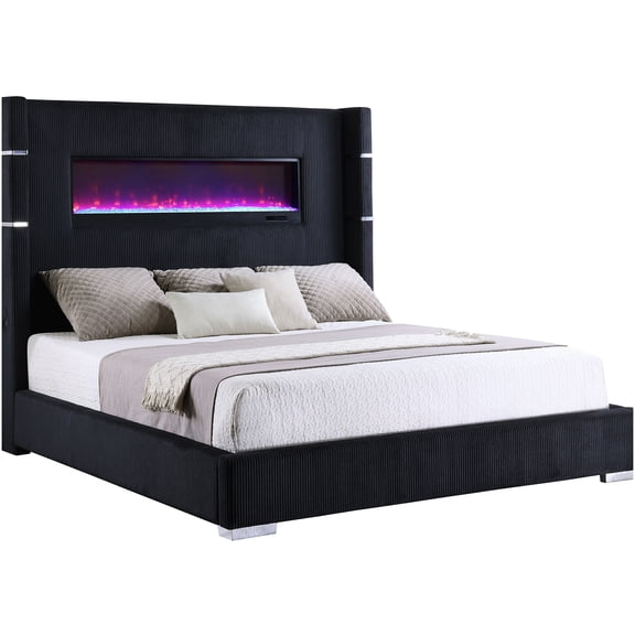 Modern King Size LED Bed with Wingback Headboard, Remote Control & Flame Effect for Luxurious Bedroom