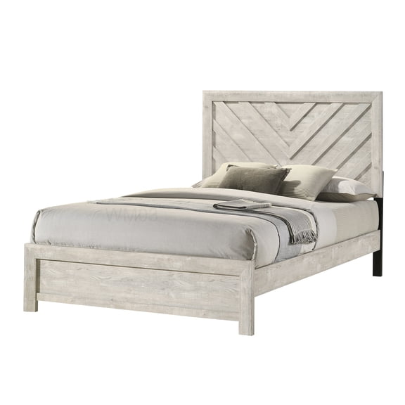 Modern King Size Platform Bed Frame, Geometric Zig-Zag Headboard, Low Profile Design, Wood Bedroom Furniture in Beige Gray White