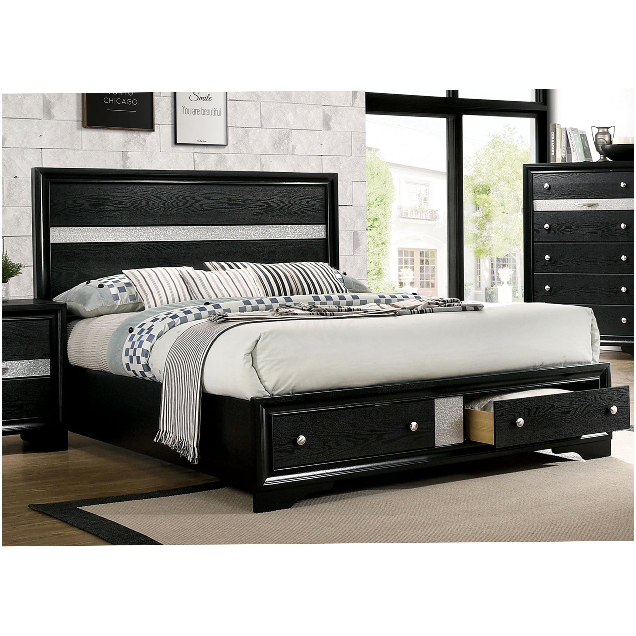Modern King Size Storage Bed Frame with Upholstered Headboard, Black Wood Platform Bed with Drawers for Bedroom