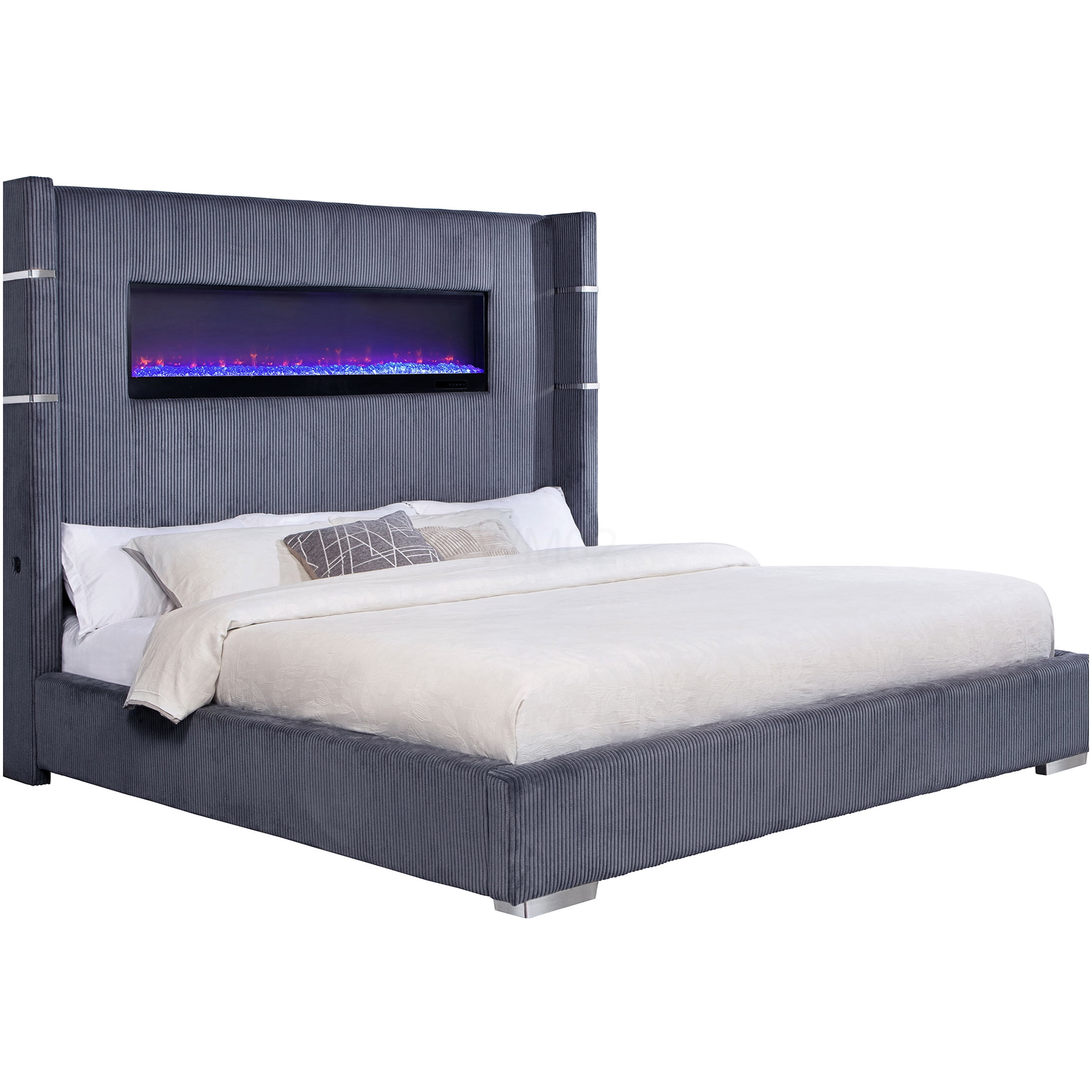 Modern King Size Upholstered Bed Frame with RGB Flame Effects & Storage, Remote Control, Wingback Headboard, Grey