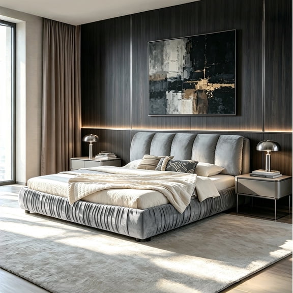 Modern King Size Upholstered Bed Frame with Segmented Plump Compressed Sponge Headboard, Shiny velvet & Sturdy Leg, Gray