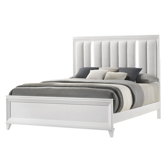 Modern King Size Upholstered LED Bed Frame with Cushioned Headboard and Footboard, Solid Wood Structure, White Fabric Panel Platform Bed