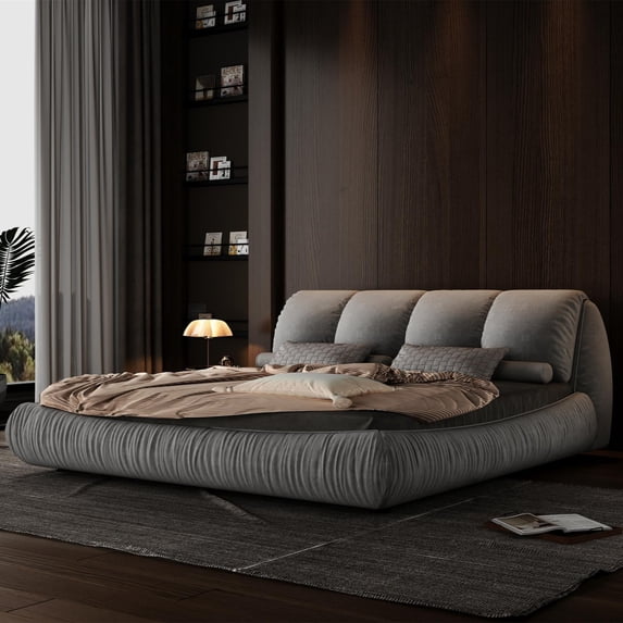 Modern King Size Upholstered Platform Bed with Oversized Ultra-soft Cushioned Headboard and 1000 Lbs Weight Capacity, No Box Spring Needed, Noiseless, Grey