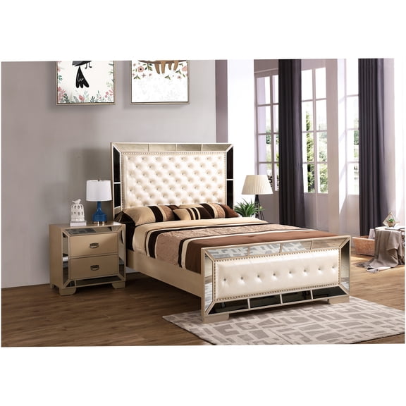 Modern King Upholstered Platform Bed, Off White Pearl Finish Low Profile Frame, No Box Spring Required