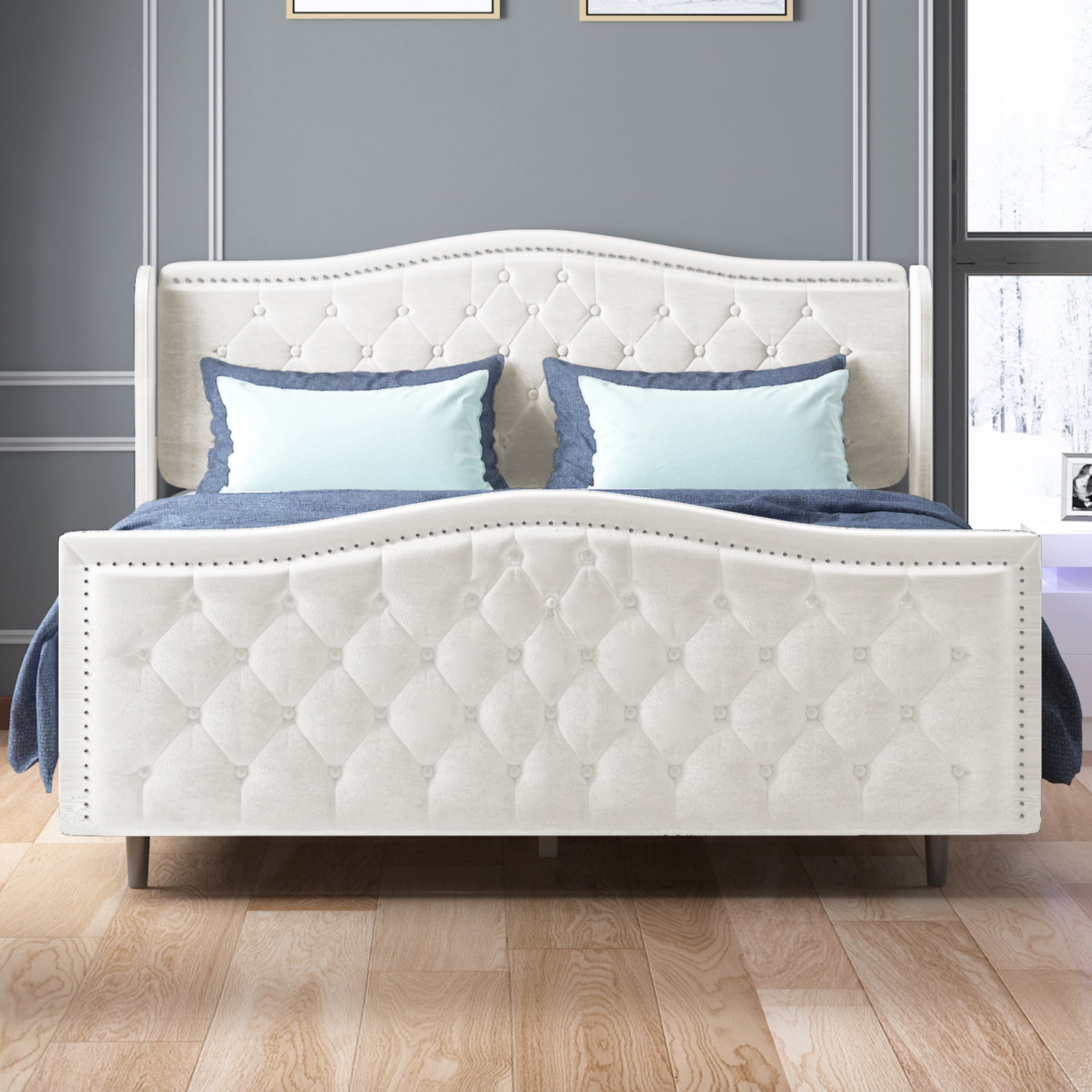 King Bed Frame with Upholstered Velvet Tufted Headboard and Footboard ...