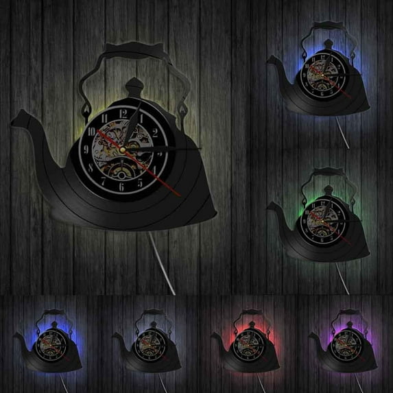 Modern Kitchen Artwork Teapot Wall Clock Tea Room Wall Decor Teapot Retro Vinyl Record Wall Clock Kitchen Decorative Wall Watch With LED