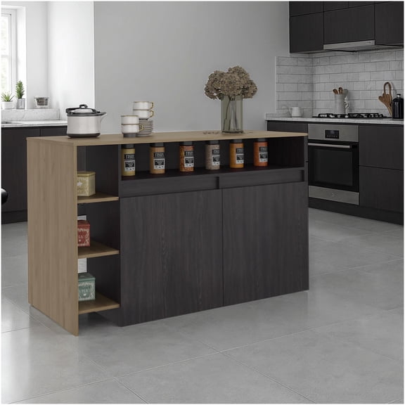 Modern Kitchen Bar Counter with Storage, Black and Natural Oak Finish, Engineered Wood